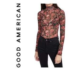 NWT GOOD AMERICAN Mesh sheer Mock Neck Bodysuit In Moody Floral Size 1/ Small